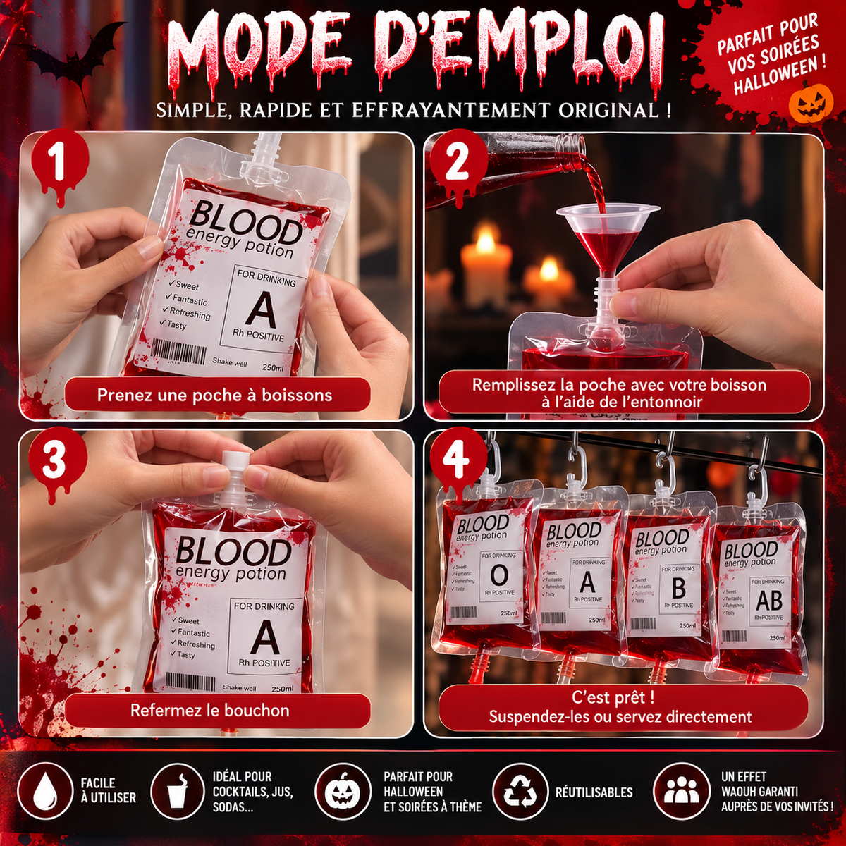 Pack de 20 Poches à Sang Halloween – 250 ml