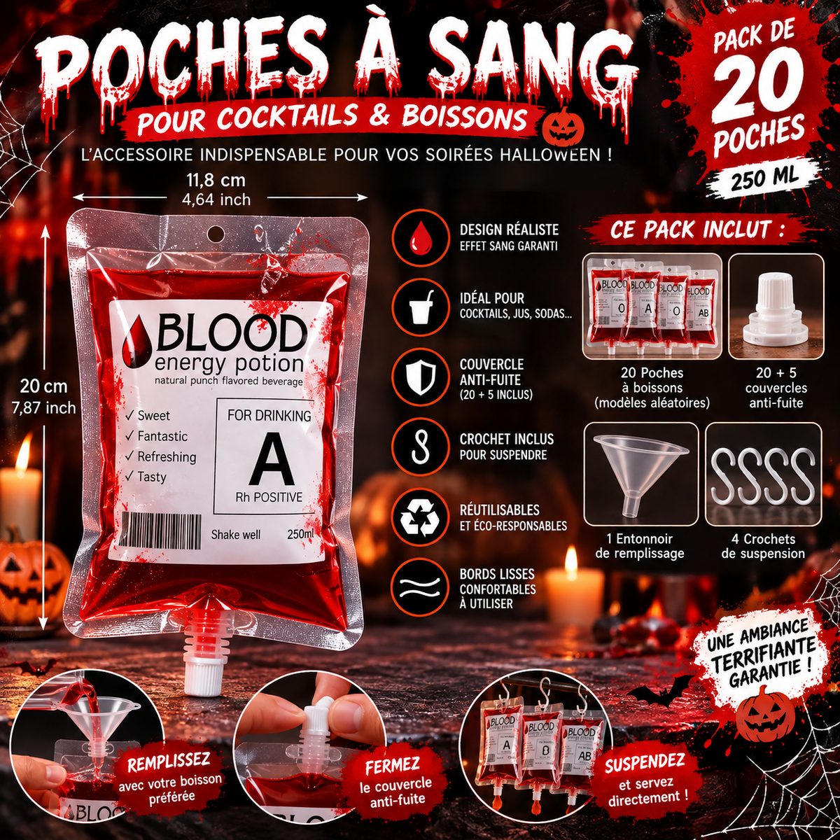 Pack de 20 Poches à Sang Halloween – 250 ml