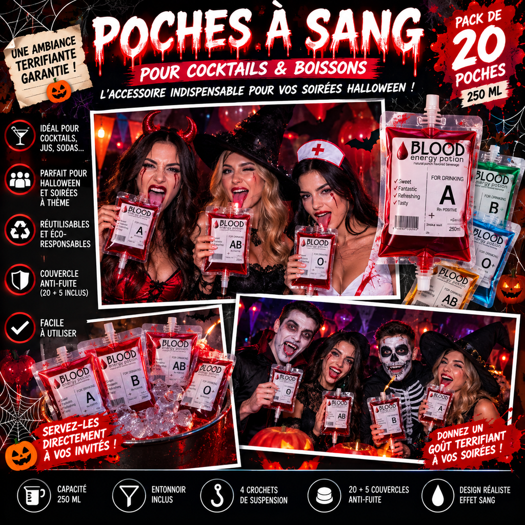 Pack de 20 Poches à Sang Halloween – 250 ml