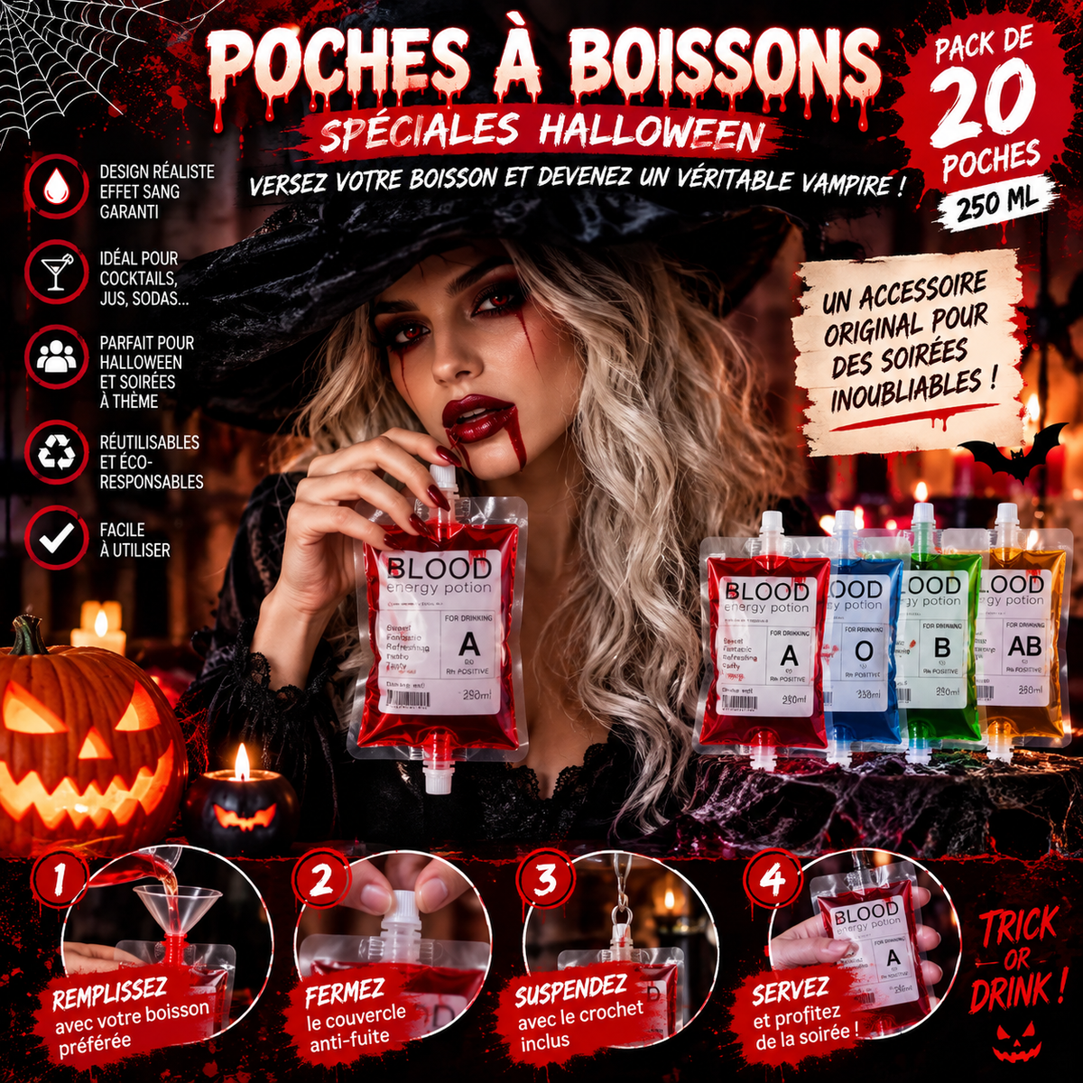 Pack de 20 Poches à Sang Halloween – 250 ml