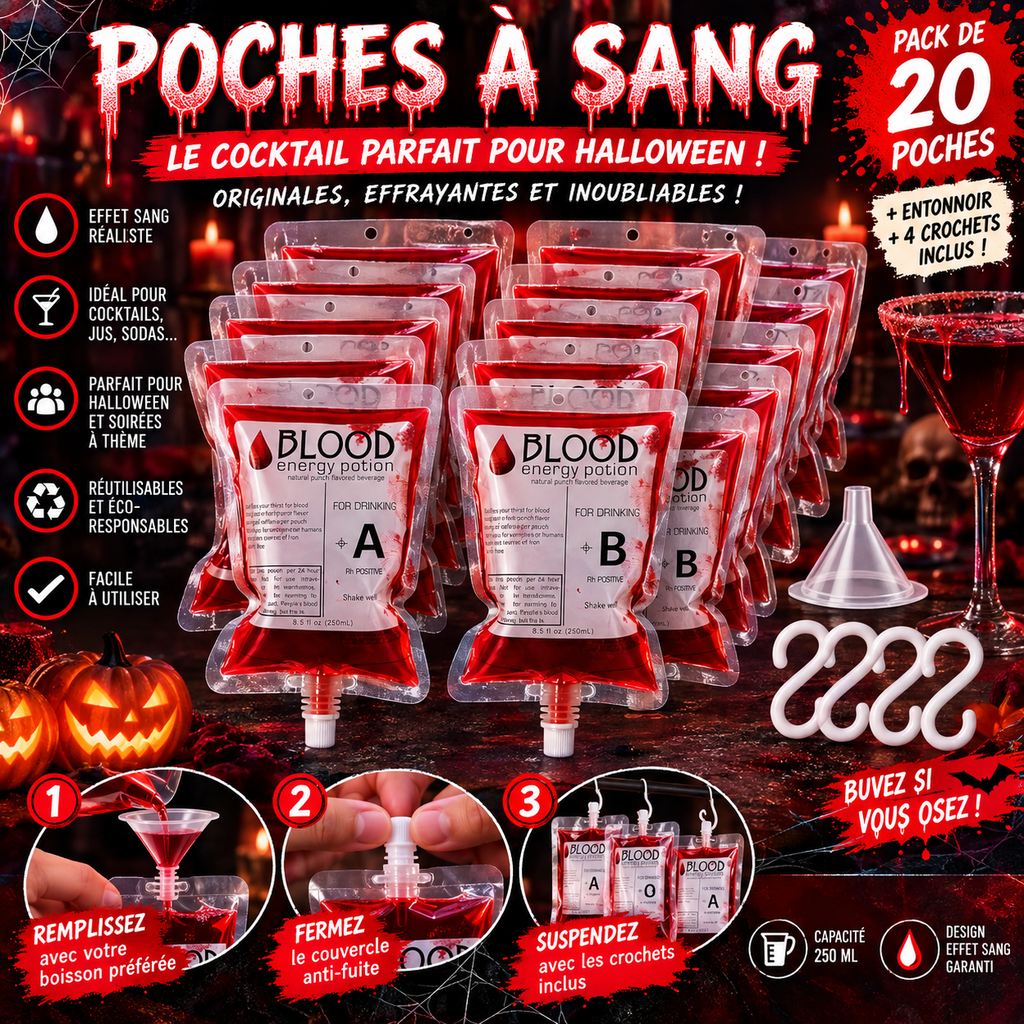 Pack de 20 Poches à Sang Halloween – 250 ml