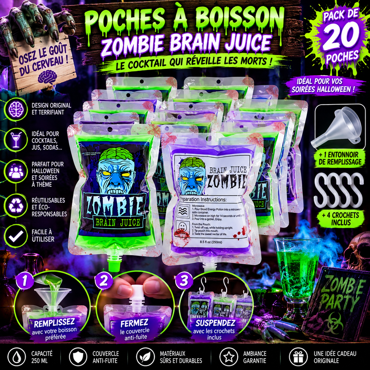 Pack de 20 Poches à Sang Halloween – 250 ml