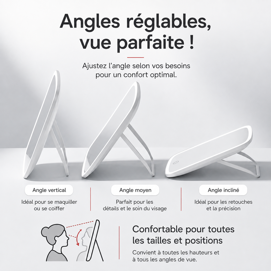 Miroir de Beauté LED Compact – 3 Lumières & Pliable.