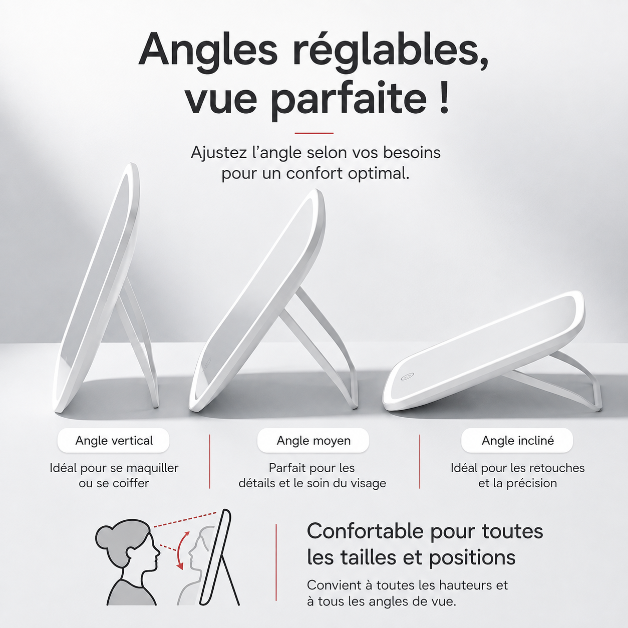 Miroir de Beauté LED Compact – 3 Lumières & Pliable.