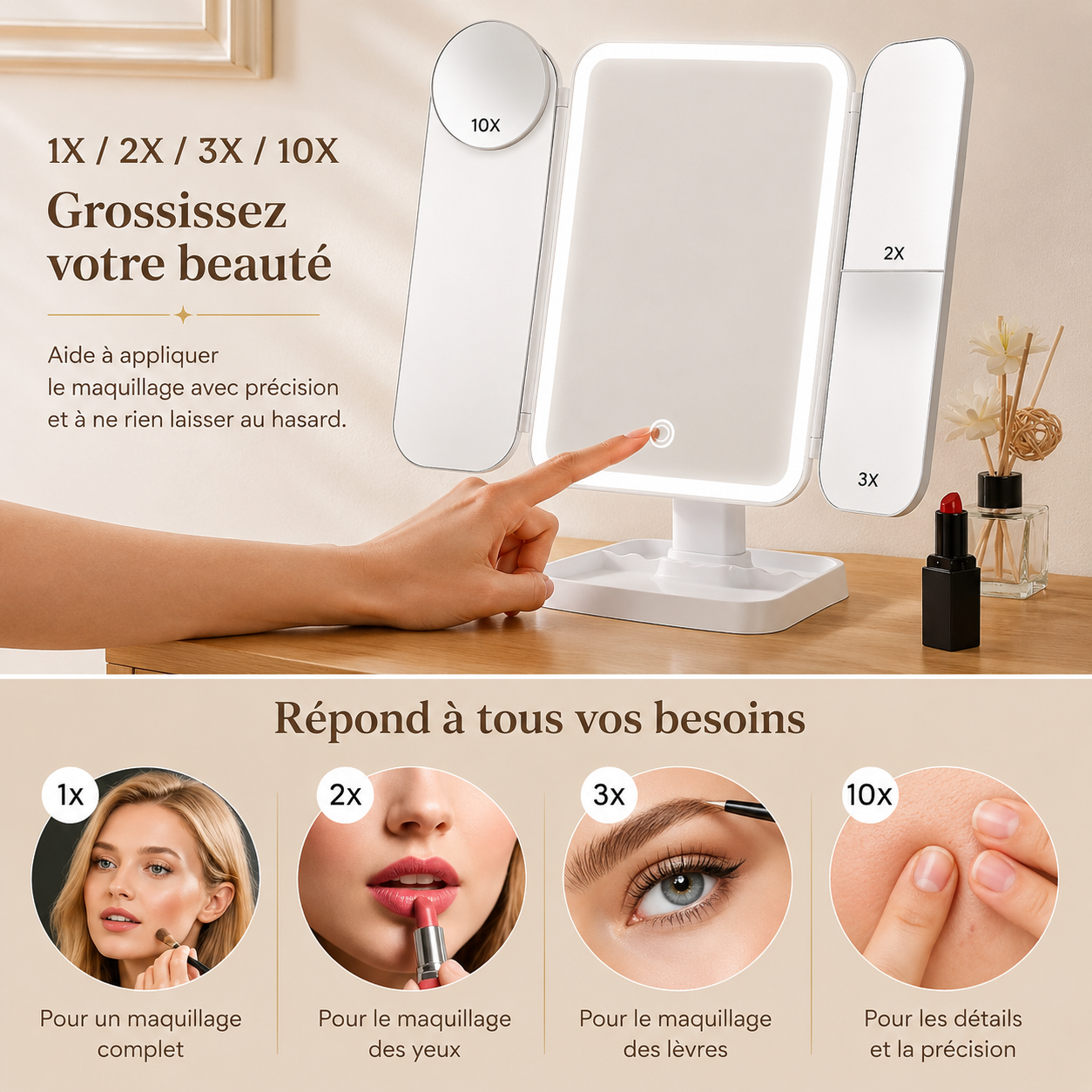 Miroir de Maquillage LED Triptyque – Pliable & Lumineux