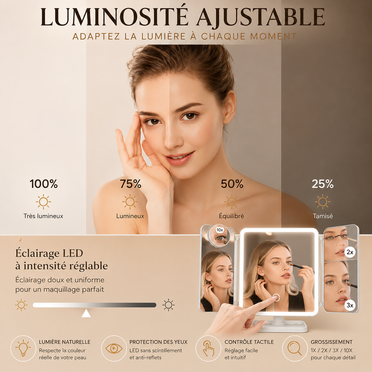 Miroir de Maquillage LED Triptyque – Pliable & Lumineux