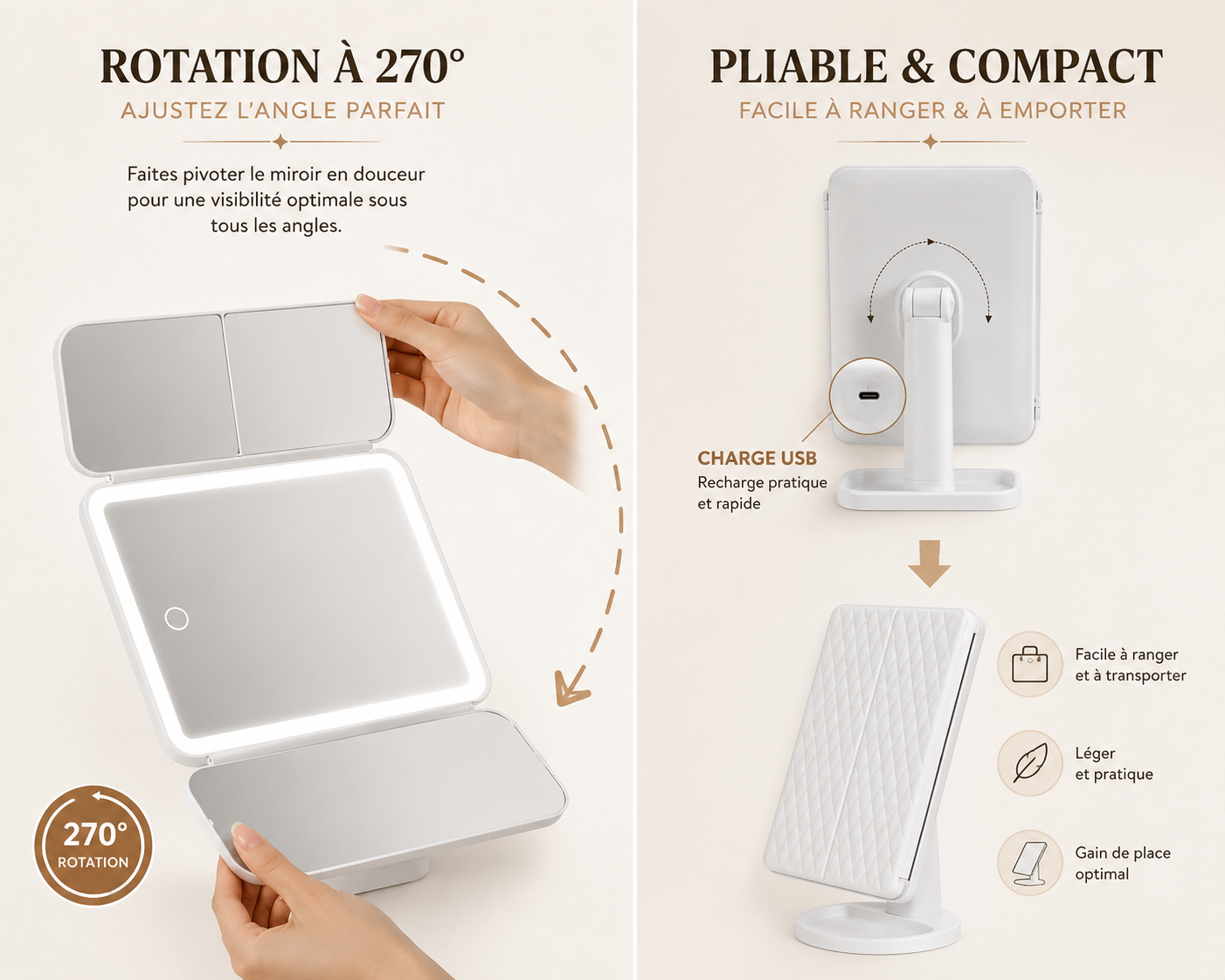 Miroir de Maquillage LED Triptyque – Pliable & Lumineux